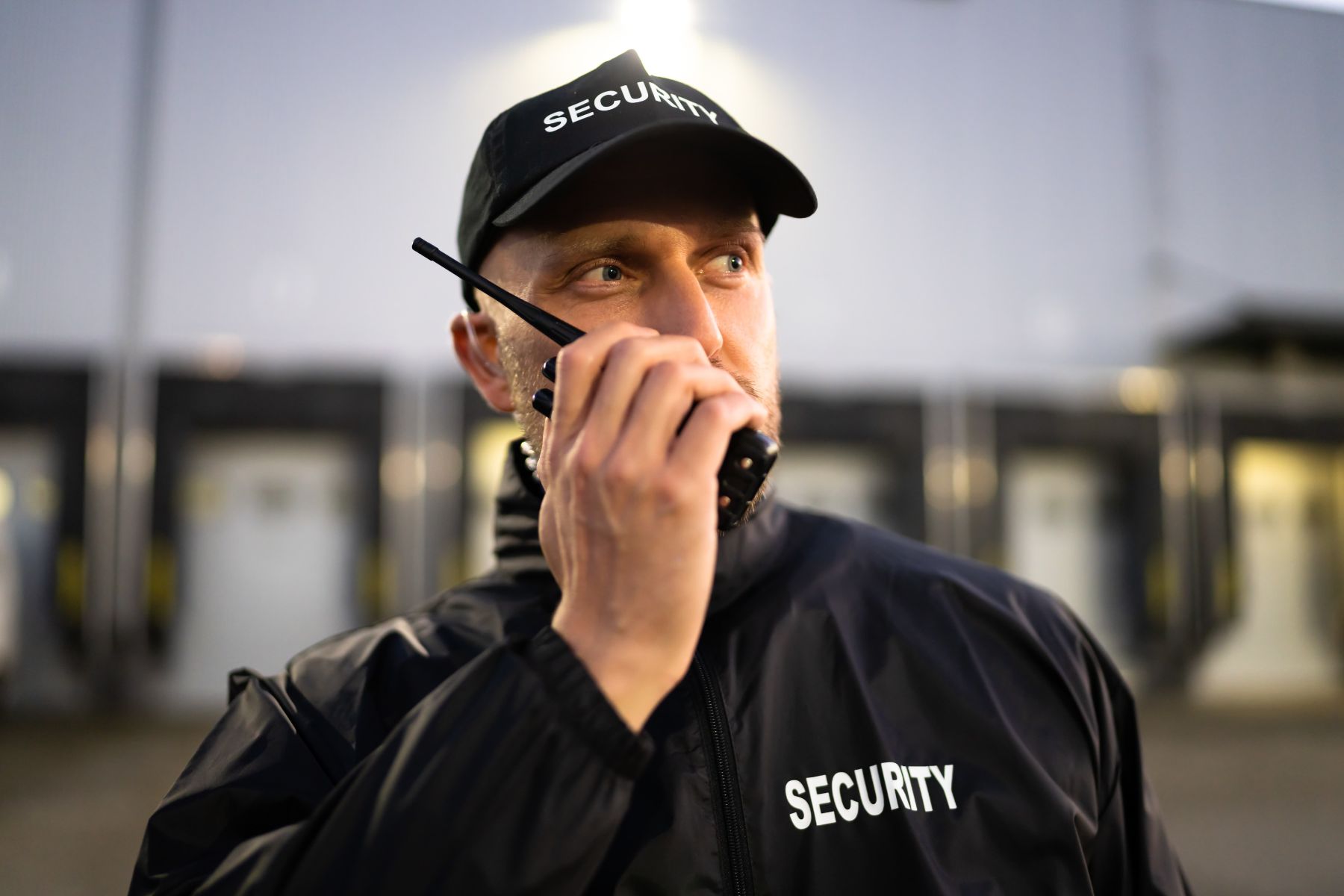 Guardia de seguridad privada certificado de Armarium utilizando radiocomunicación en un entorno industrial nocturno.