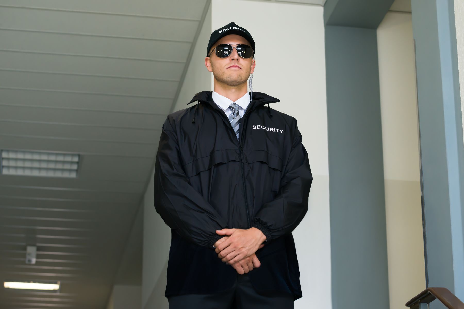 Oficial de seguridad de Armarium con gafas de sol y equipo de comunicación táctica, representando la inteligencia patrimonial y prevención de robo interno.