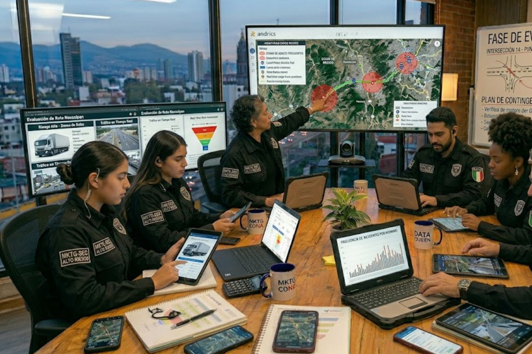 Equipo de Armarium analizando zonas de alto riesgo para estructurar un blindaje logístico para transporte en México.