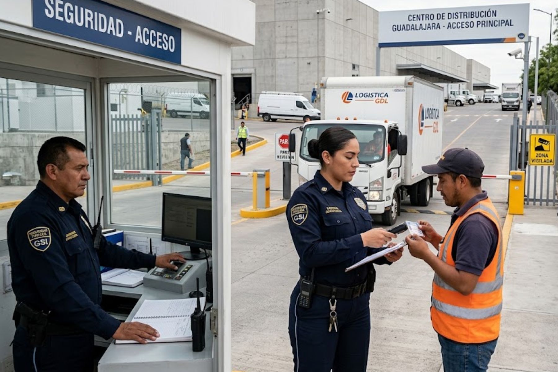 Guardias de Armarium ejecutando el control de accesos y verificación de identificación para la seguridad intramuros para industrias y bodegas.